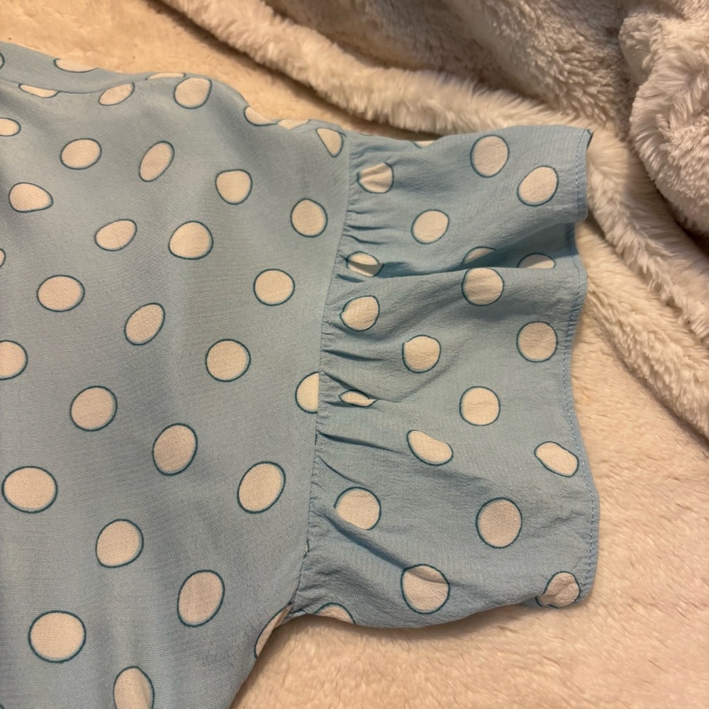 Boden Blouse Sz 12 Caroline Lt Blue White Polka Dot Peplum Viscose Cottagecore - Picture 10 of 16